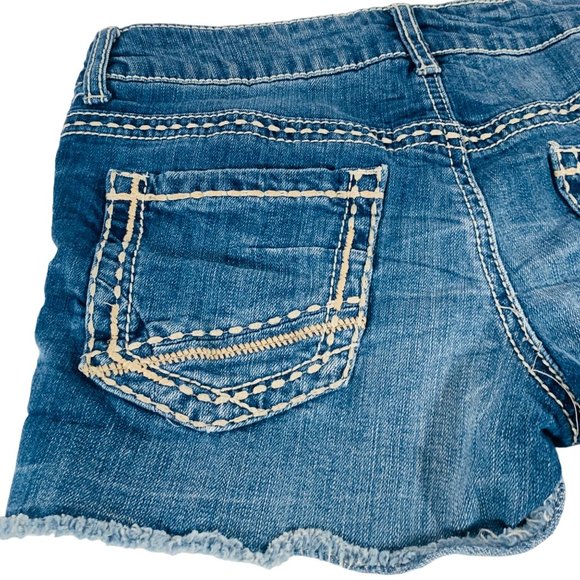 Maurices Embroidered Jean Shorts Juniors Sz XS Blue Denim Destroyed Cutoff Stret - Picture 5 of 11